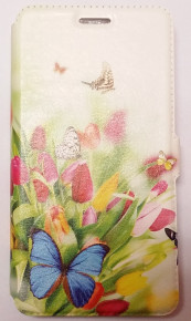 Кожен калъф тефтер стойка и клипс FLEXI за телефон Alcatel Pop Star 5022x синя пеперуда и цветя